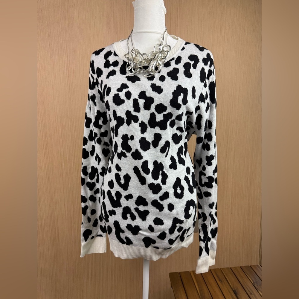 Kim Rogers Sweater Black White Leopard Women’s Animal Print XL 100% Cotton